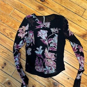 Free People Black Mesh Long-Sleeve Top with Pink & Purple Floral